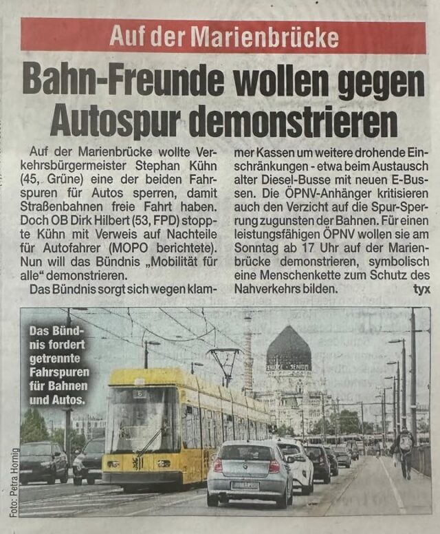So sind die Linksgrünen, wenn es mal nicht nach ihrem Stiefel läuft! Der Stadtrat hat  lange und intensiv über die Verkehrsführung auf der Marienbrücke diskutiert und auf Antrag der Fraktion Team Zastrow eine Entscheidung getroffen. Der Oberbürgermeister hat diese Entscheidung bestätigt. Das nennt sich Demokratie. Dieses Bündnis, das im wesentlichen aus Grünen, SPD, Linken und ihren Vorfeldorganisationen besteht, hat damit offenbar ein Problem. Die Morgenpost berichtet.